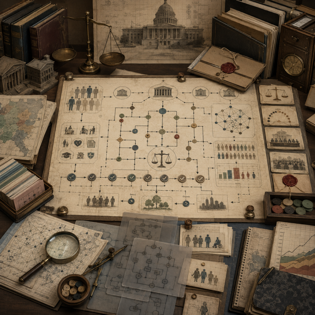 A restrained scholarly illustration of a vintage public-policy workspace with governance pathways, institutional symbols, population panels, balance scales, maps, decision networks, archival folders, notebooks, and analytical tools representing algorithms in public policy and governance.