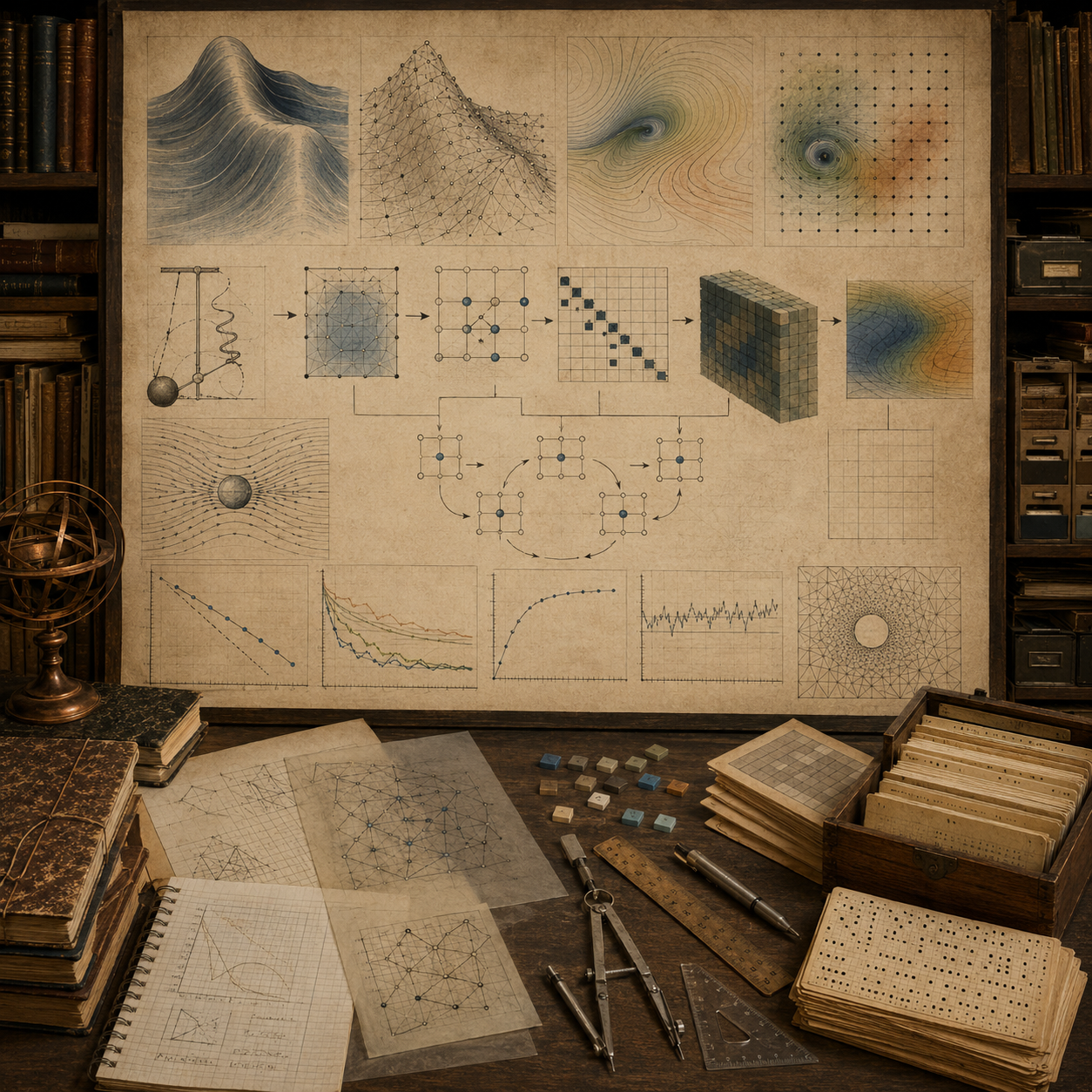 Scholarly editorial illustration of algorithms in scientific computing, showing numerical methods, discretized grids, solver workflows, convergence plots, floating-point calculations, simulation outputs, computational experiments, validation records, and reproducible research materials.