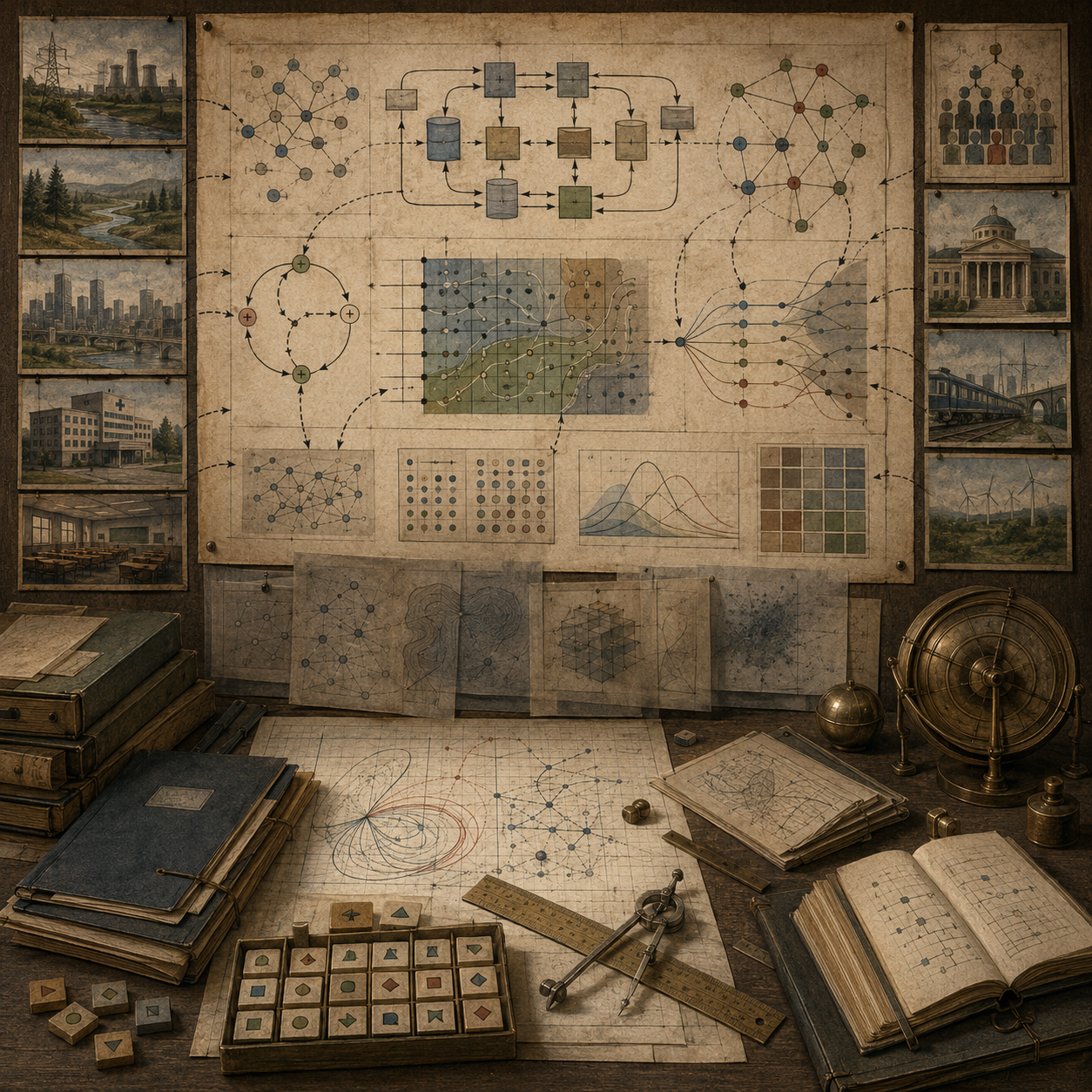A restrained scholarly illustration of a vintage systems-modeling workspace with feedback loops, network diagrams, stock-and-flow structures, spatial grids, scenario panels, notebooks, archival papers, rulers, and analytical tools representing algorithms in systems modeling.