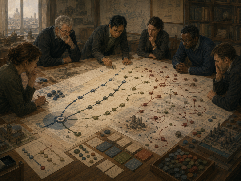 Strategists study a large planning table where coordinated pathways gradually diverge into scattered routes, dependency lines, and competing action clusters.
