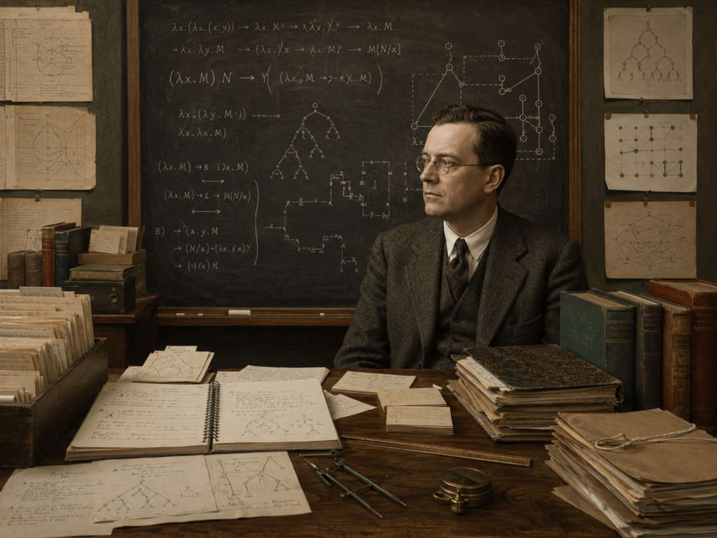 A restrained scholarly illustration of Alonzo Church in a mid-century academic study with lambda-calculus notation, formal computation diagrams, proof trees, notebooks, papers, books, and chalkboard structures representing formal computation.