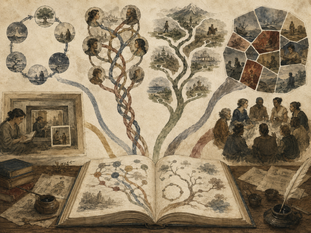 Editorial illustration of an open manuscript branching into multiple story structures, including cycles, braided paths, nested frames, branching trees, mosaic panels, and communal storytelling.