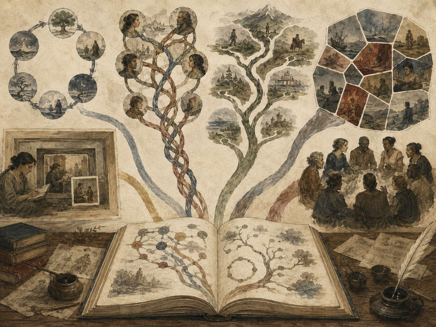 Editorial illustration of an open manuscript branching into multiple story structures, including cycles, braided paths, nested frames, branching trees, mosaic panels, and communal storytelling.