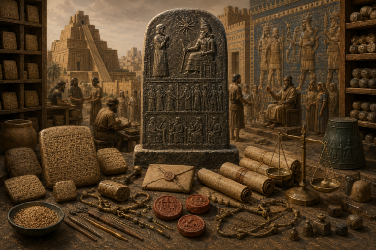 Editorial illustration of ancient Near Eastern law shown through clay tablets, a monumental legal stele, scribal records, temple archives, weighing scales, sealed contracts, and palace-administrative scenes representing early legal governance.