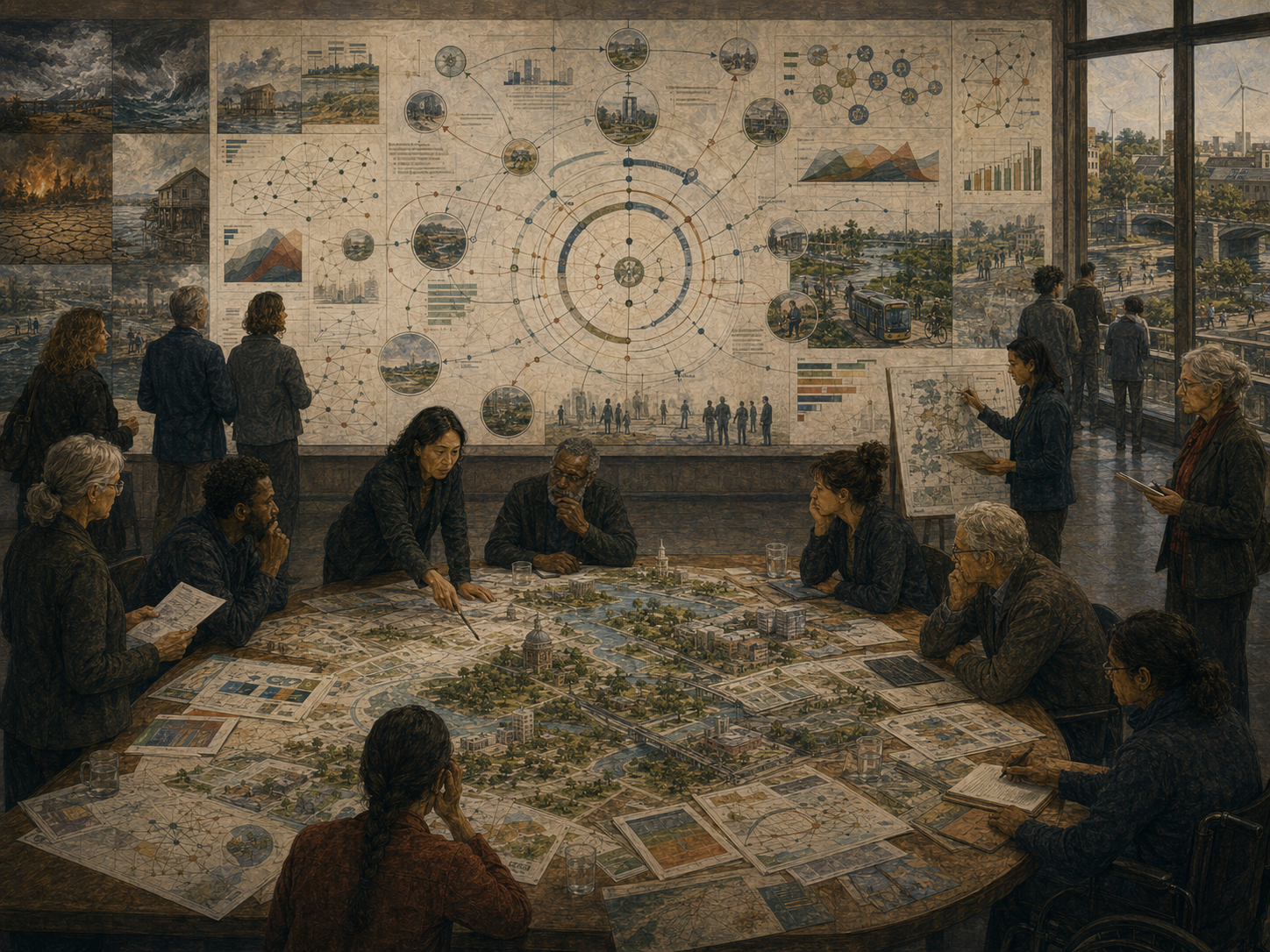 A diverse policy and foresight group studies long-term governance scenarios across climate risk, infrastructure, public institutions, communities, and ecological systems.