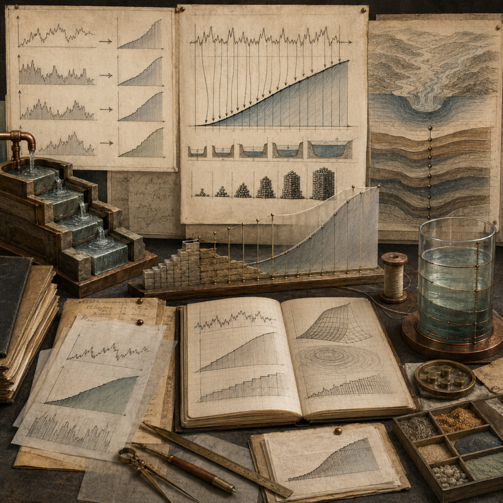 Vintage systems modeling workspace with stepped water channels, cumulative graphs, shaded areas, rising stacks, layered sediment diagrams, notebooks, measuring tools, and a glass reservoir representing antiderivatives and accumulation.