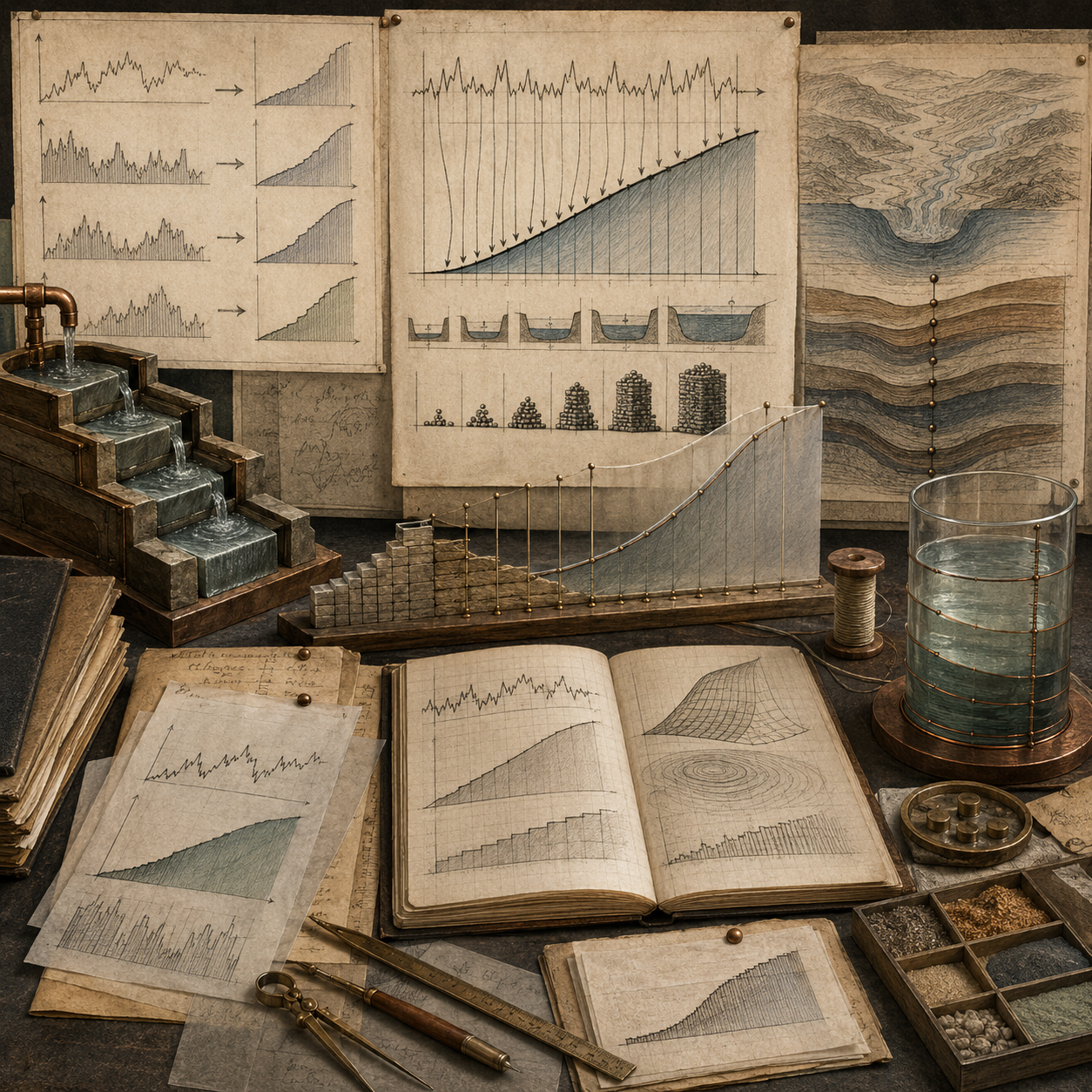Vintage systems modeling workspace with stepped water channels, cumulative graphs, shaded areas, rising stacks, layered sediment diagrams, notebooks, measuring tools, and a glass reservoir representing antiderivatives and accumulation.