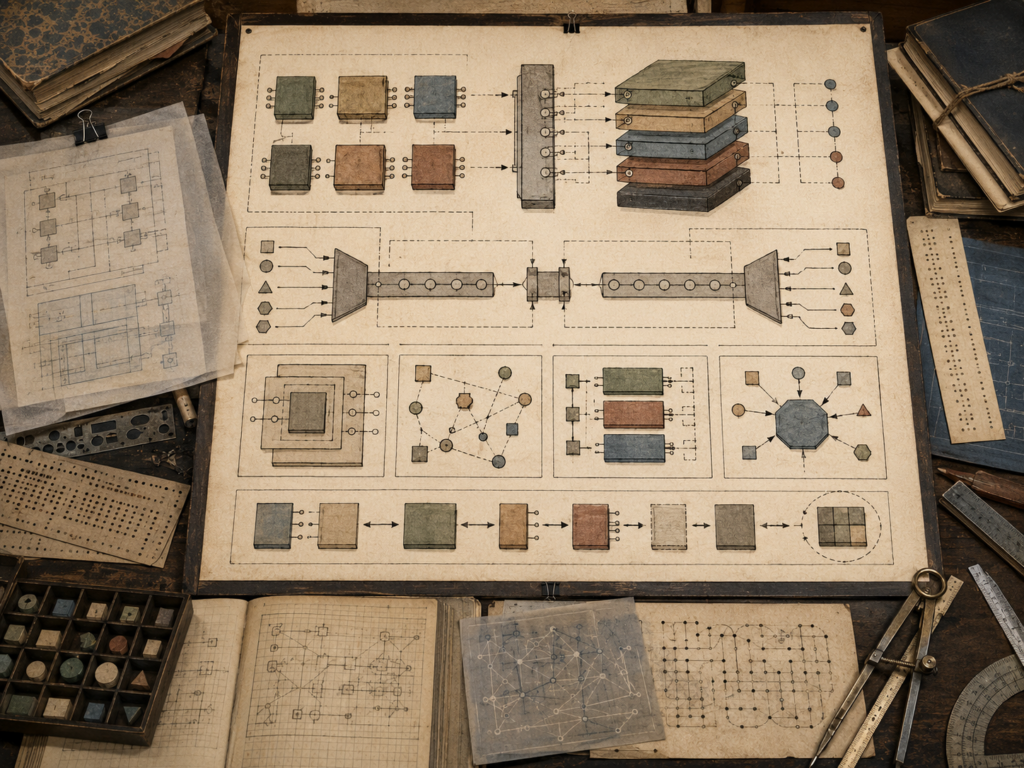 A restrained scholarly illustration of a vintage engineering desk with modular blocks, connection ports, layered components, interface pathways, notebooks, punched cards, rulers, and drafting tools representing APIs, interfaces, and modular computational design without readable text.