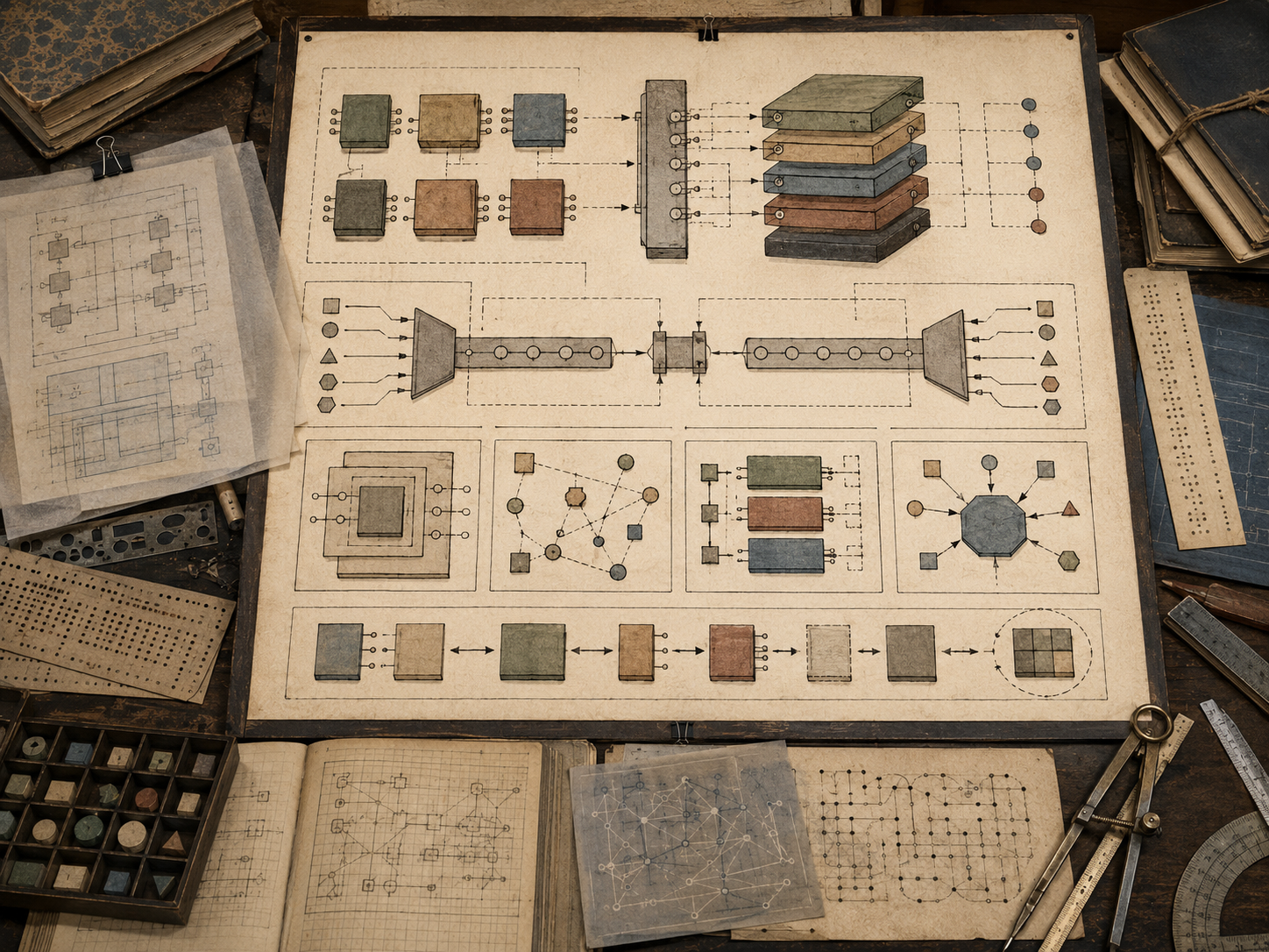 A restrained scholarly illustration of a vintage engineering desk with modular blocks, connection ports, layered components, interface pathways, notebooks, punched cards, rulers, and drafting tools representing APIs, interfaces, and modular computational design without readable text.