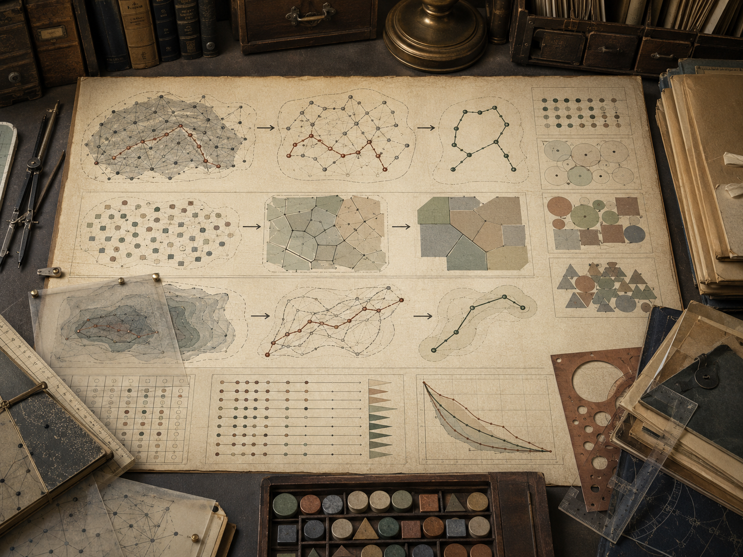 A restrained scholarly illustration of a vintage research workspace with dense problem maps, simplified routes, clustered regions, approximation diagrams, comparison charts, tokens, rulers, and archival papers representing approximation algorithms and practical solvability.