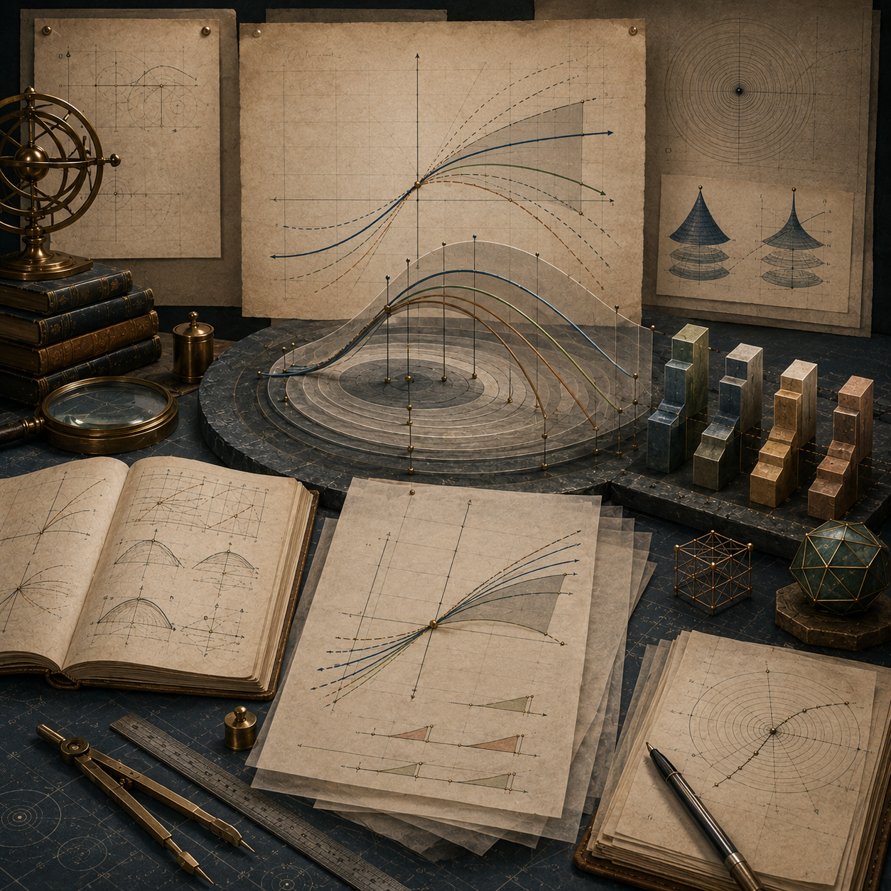 Vintage mathematical modeling workspace with layered approximation curves, diverging local paths, radial validity diagrams, geometric blocks, notebooks, transparent overlays, and drafting tools representing approximation error and truncation.