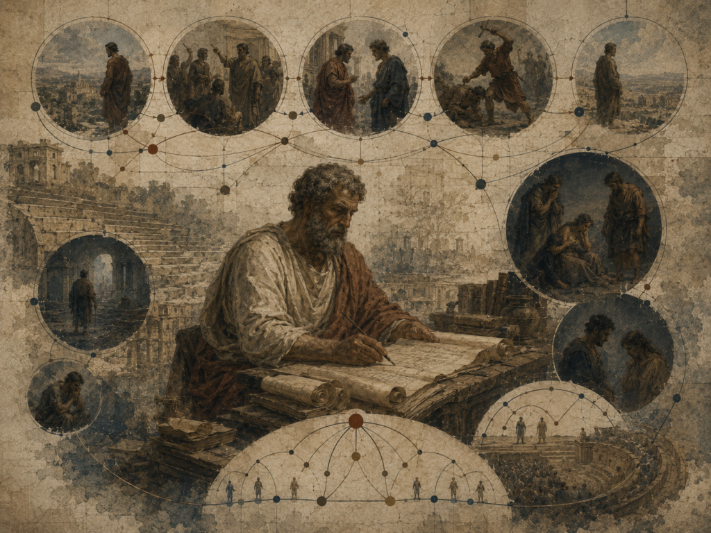 Editorial illustration of Aristotle studying scrolls, surrounded by connected scenes of classical drama, action, reversal, recognition, and narrative sequence.