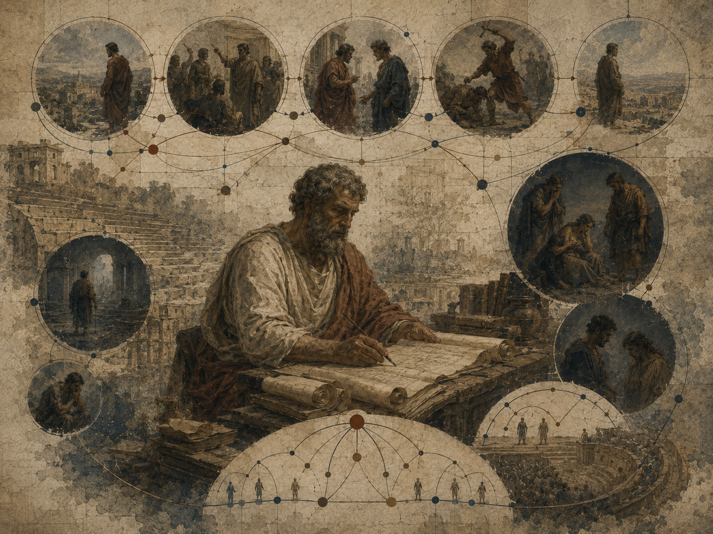 Editorial illustration of Aristotle studying scrolls, surrounded by connected scenes of classical drama, action, reversal, recognition, and narrative sequence.