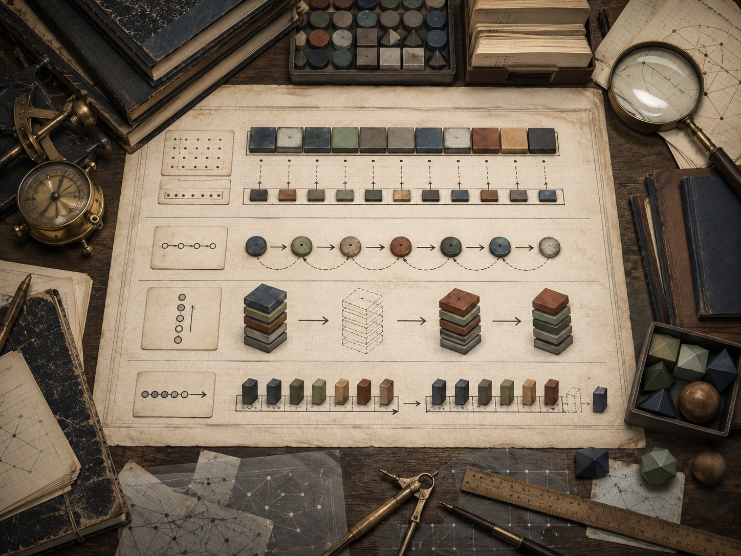 A restrained scholarly illustration of a vintage research desk showing ordered tiles, linked circular tokens, stacked blocks, queue-like rows, arrows, notebooks, rulers, and archival papers representing arrays, lists, stacks, and queues.