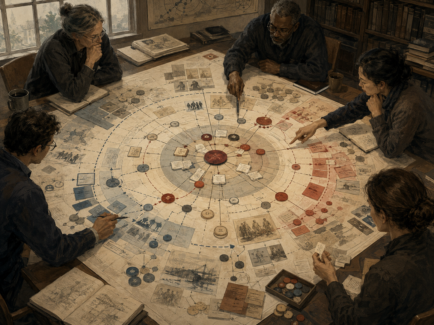 Strategists organize assumption cards, evidence markers, dependency paths, confidence zones, and high-risk nodes on a large planning table.