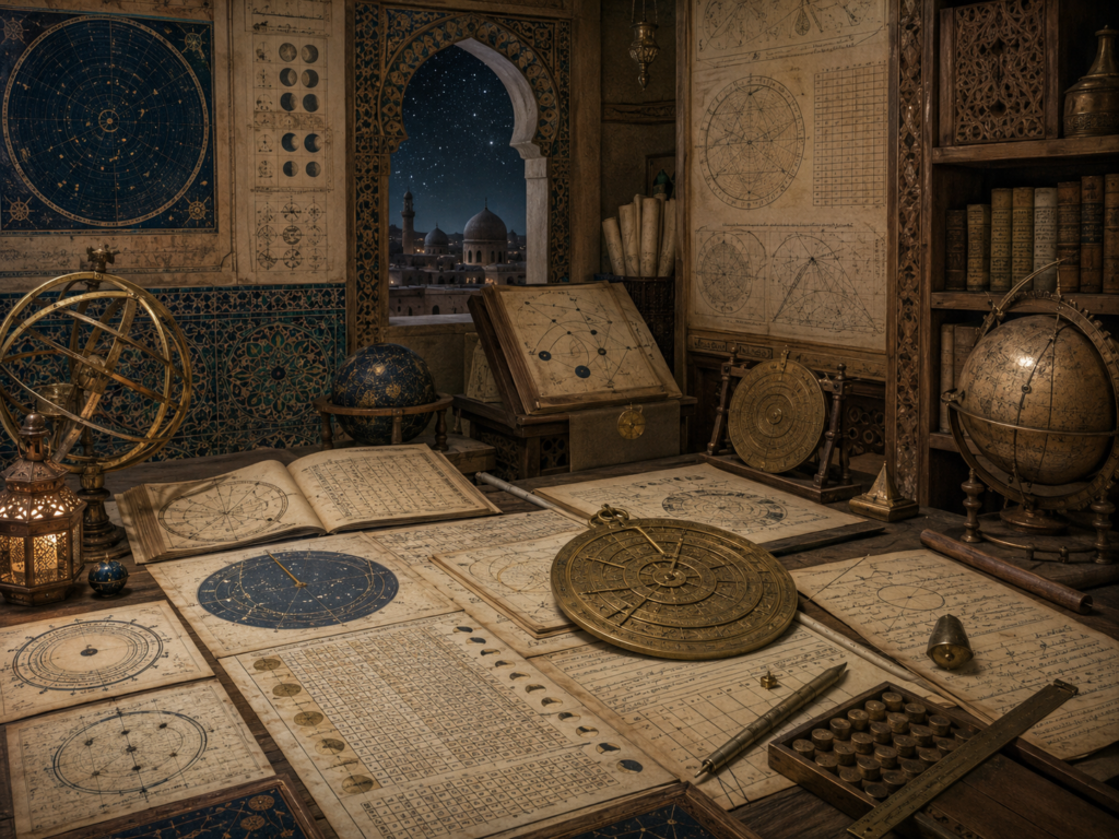 A restrained scholarly illustration of a medieval Islamic observatory workspace with astronomical tables, calendars, astrolabe-like instruments, star charts, manuscripts, lunar diagrams, books, and calculation tools representing algorithmic prediction.