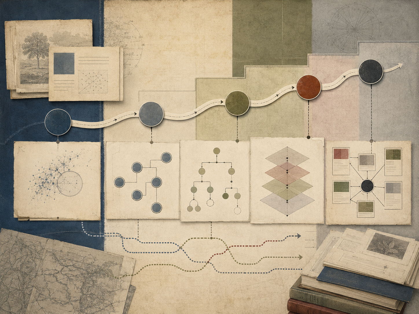 Abstract institutional illustration of a staged audience journey pathway, connected content panels, modular diagrams, branching routes, and layered documents representing content sequencing.