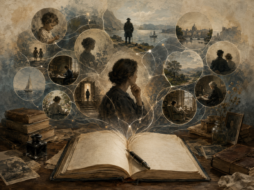 Editorial illustration of a reflective writer surrounded by connected scenes of memory, childhood, travel, relationships, solitude, and personal history emerging from an open journal.