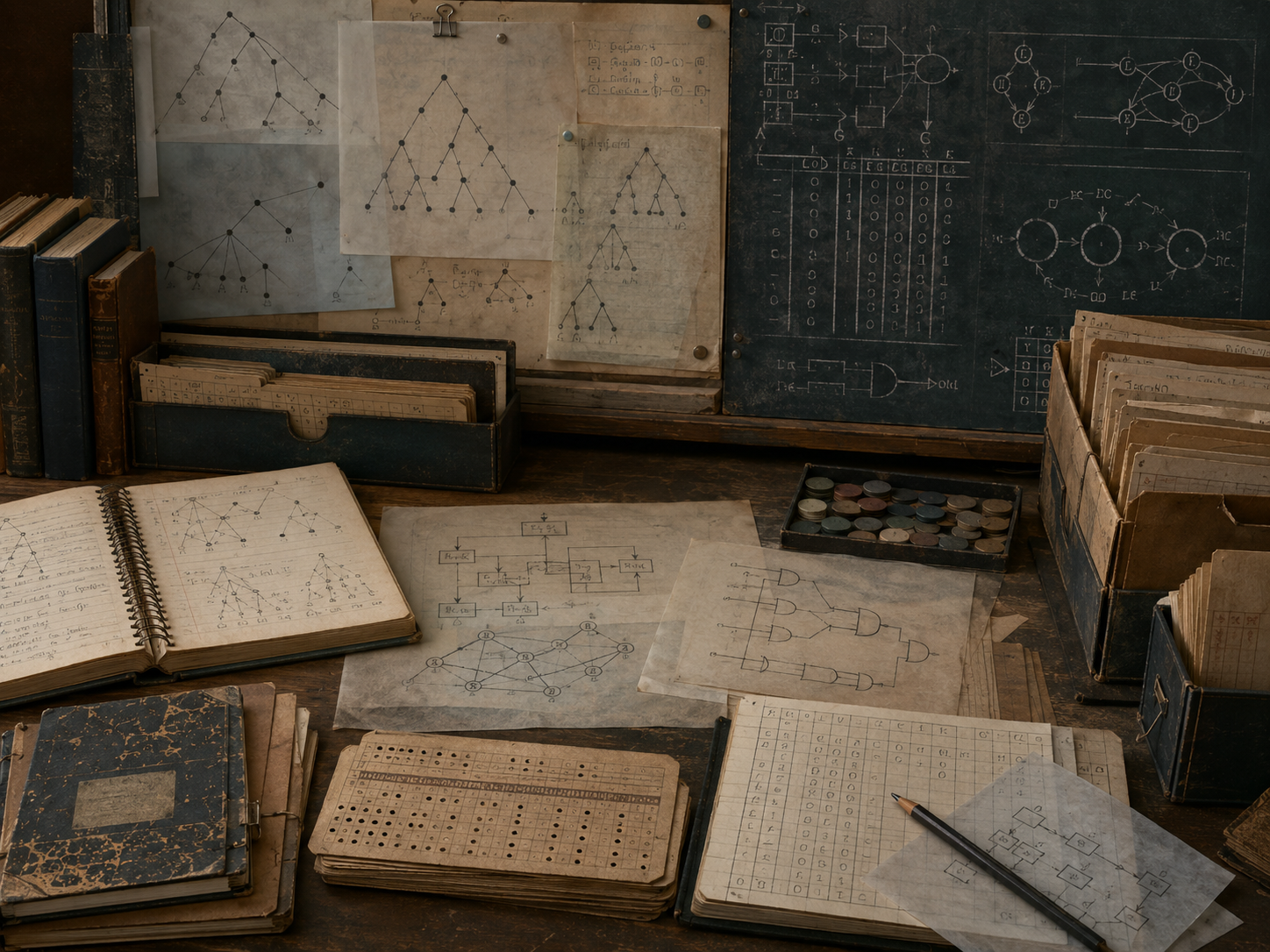 A restrained scholarly illustration of a vintage academic workspace with proof trees, logic diagrams, truth-table-like grids, punched cards, flowcharts, state diagrams, notebooks, and archival files representing automated reasoning and mechanical inference.