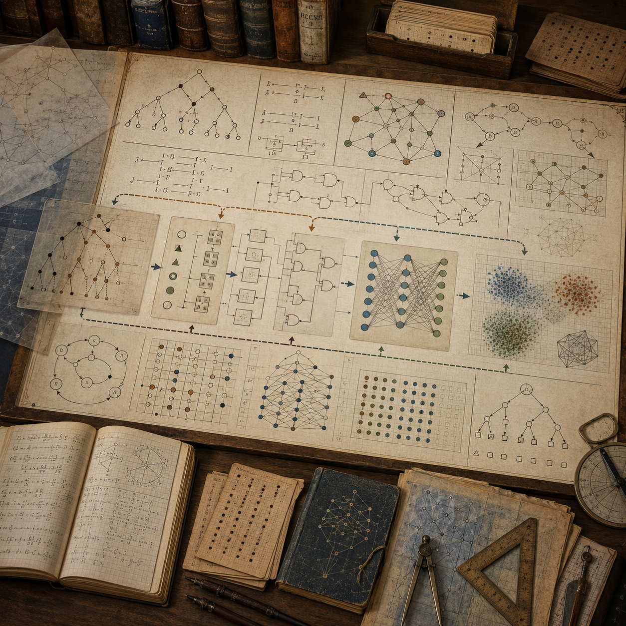 A restrained scholarly illustration of a vintage research desk with symbolic logic diagrams, rule structures, inference pathways, neural-network-like layers, graph systems, notebooks, punched cards, rulers, and archival tools representing automated reasoning, symbolic AI, and hybrid systems.