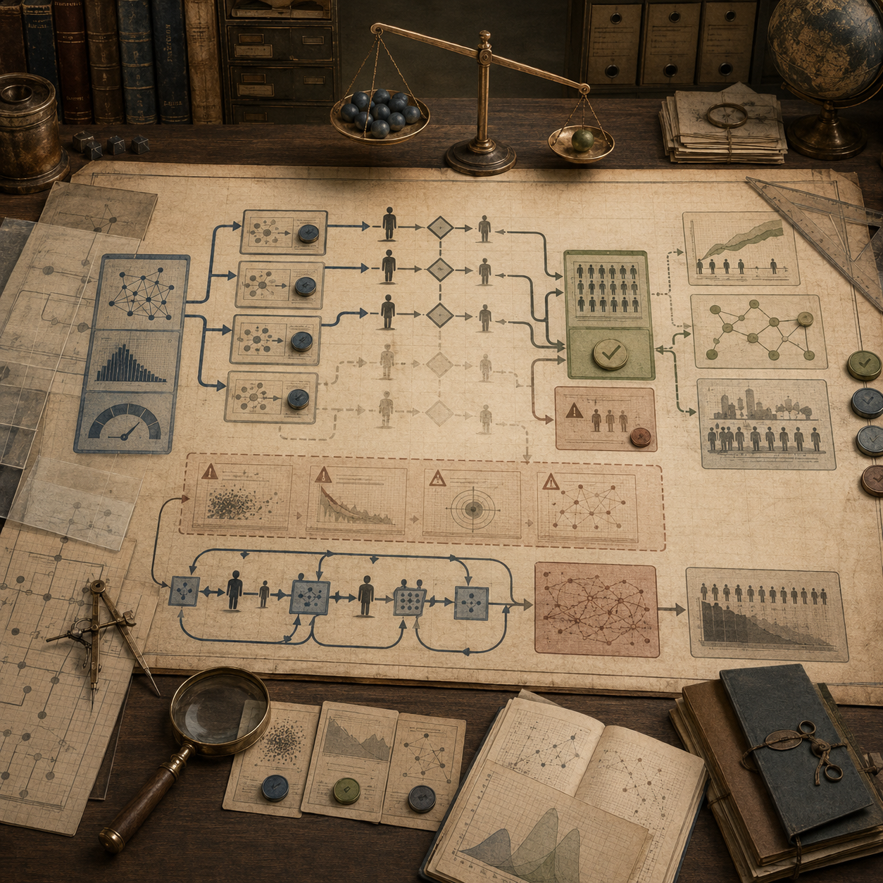 A restrained scholarly illustration of a vintage research desk with automation workflow diagrams, human decision figures, warning panels, balance scale, feedback loops, notebooks, rulers, and archival tools representing automation bias and human overreliance.