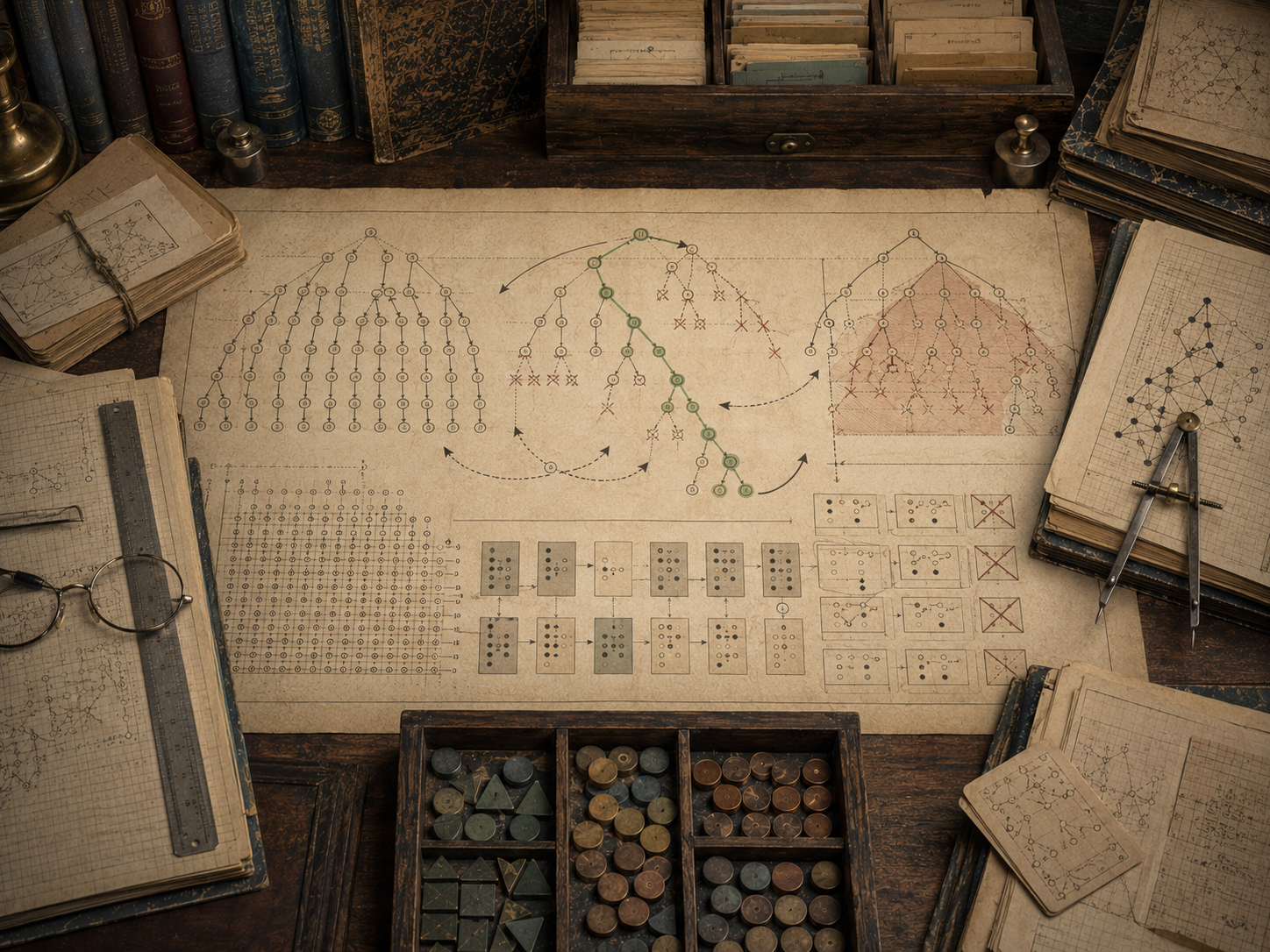 A restrained scholarly illustration of a vintage research desk with branching search trees, pruned paths, marked dead ends, candidate grids, tokens, notebooks, rulers, and archival papers representing backtracking, branch and bound, and exhaustive search.