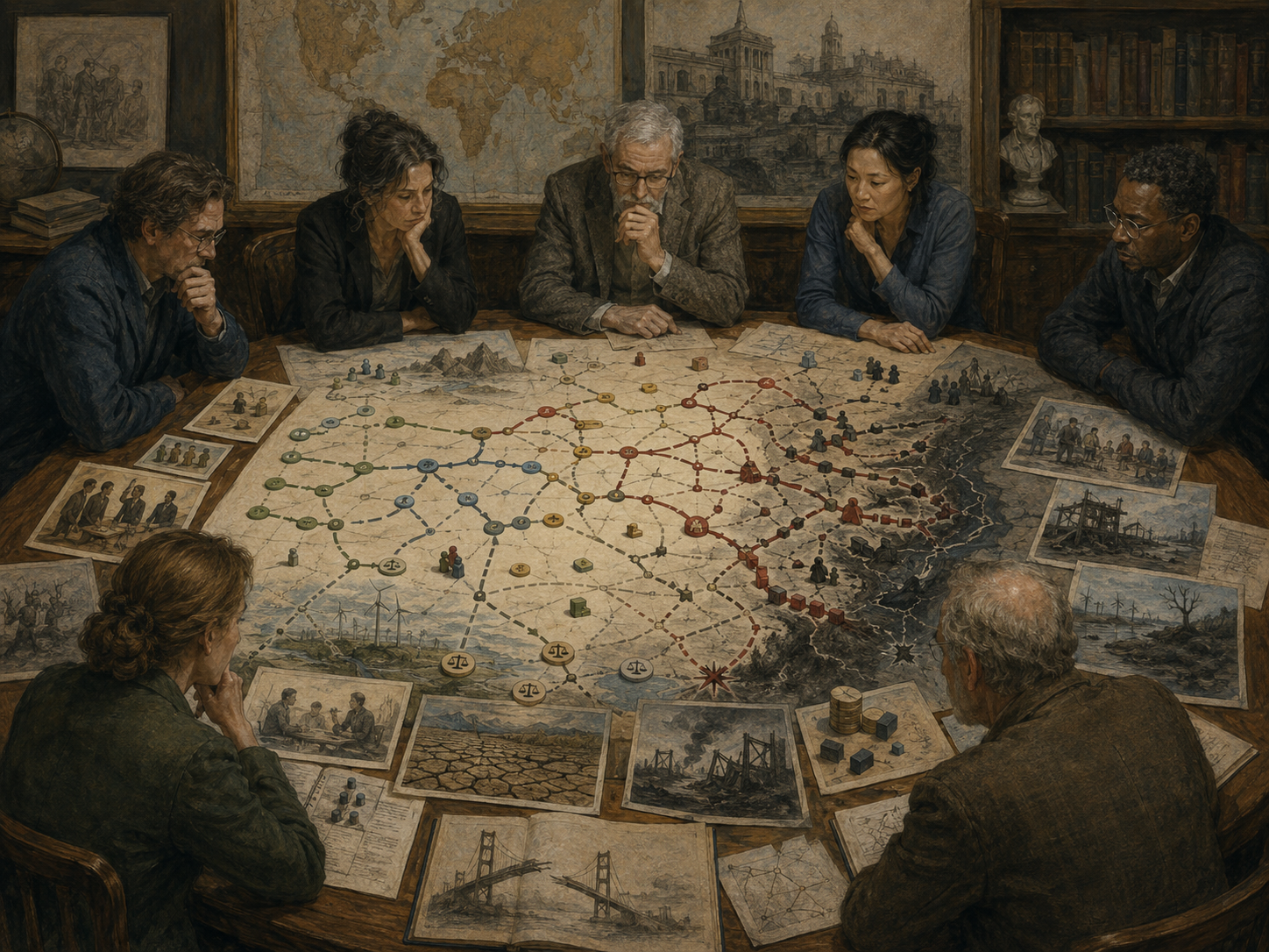 Strategists examine a planning map where flawed ideas, cascading failures, risk pathways, broken infrastructure, and degraded outcomes spread across a connected system.