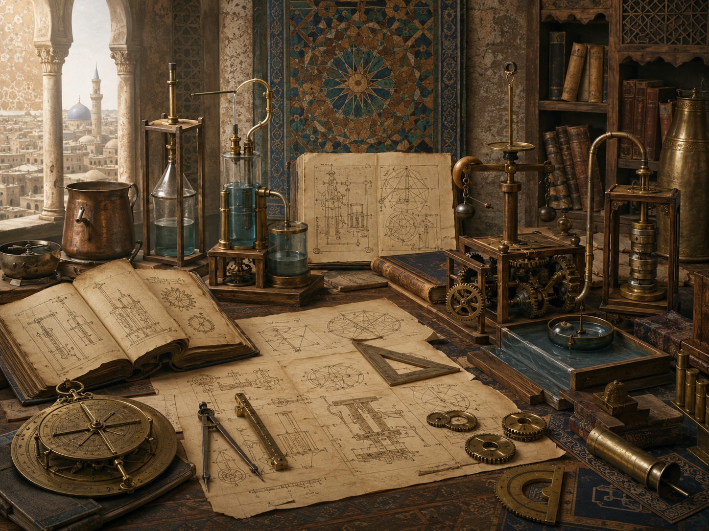 A restrained scholarly illustration of a medieval Islamic workshop with mechanical devices, gears, water mechanisms, manuscripts, geometric diagrams, brass instruments, books, and architectural details representing the Banū Mūsā and mechanical procedure.