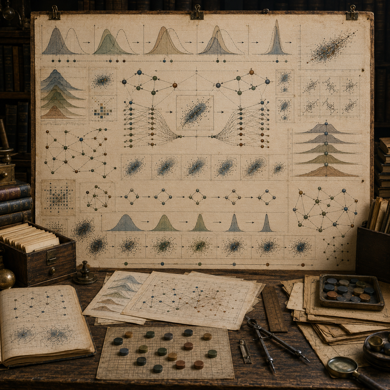 A restrained scholarly illustration of an antique analytical workspace with probability distributions, belief-update pathways, evidence flows, posterior-like curves, scatter plots, notebooks, archival papers, and drafting tools representing Bayesian computation and updating beliefs.