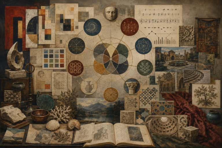 Scholarly archival research studio with abstract artworks, sculptural fragments, color studies, musical structure diagrams, symbolic objects, geometric pattern sheets, natural forms, architectural studies, and interpretive materials representing beauty, aesthetics, and meaning.
