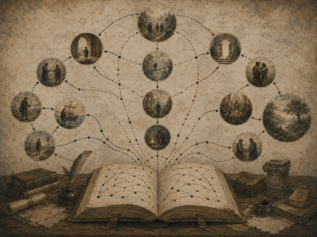 Editorial illustration of an open manuscript branching into connected scenes of departure, journey, return, reconciliation, and closure.