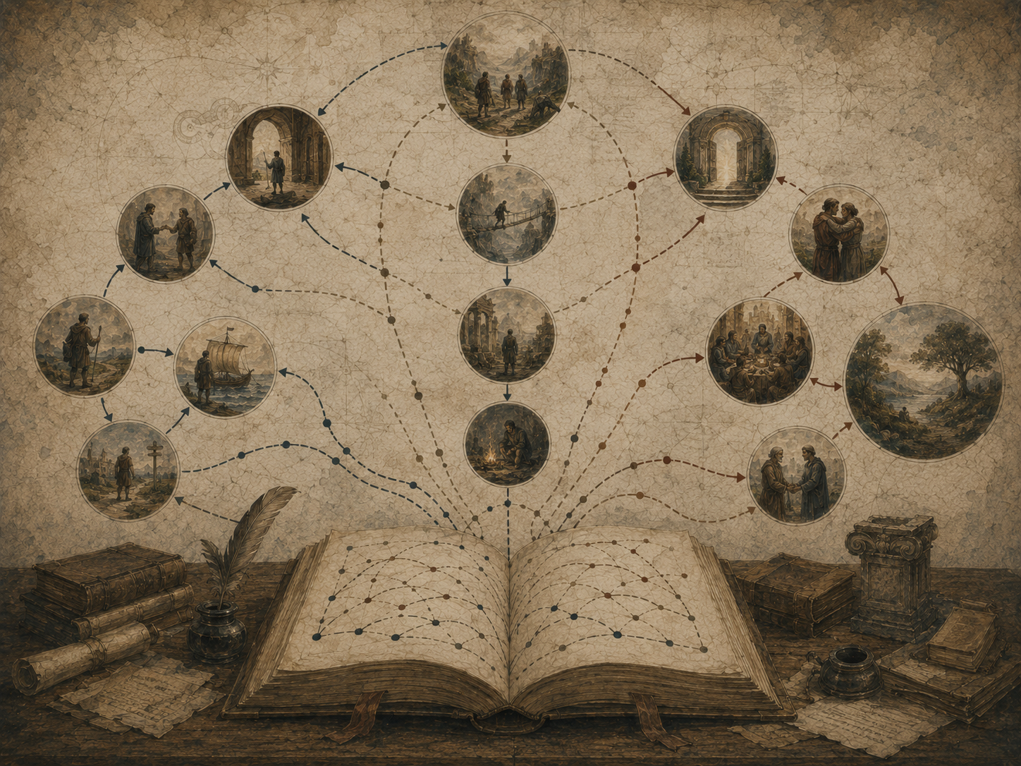 Editorial illustration of an open manuscript branching into connected scenes of departure, journey, return, reconciliation, and closure.