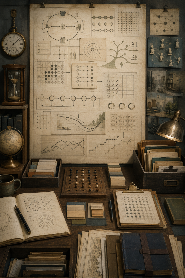 Editorial illustration of behavior change and habit formation as a scholarly research workspace, with habit loops, progress grids, repetition cycles, feedback pathways, cue cards, timing devices, notebooks, and institutional folders.