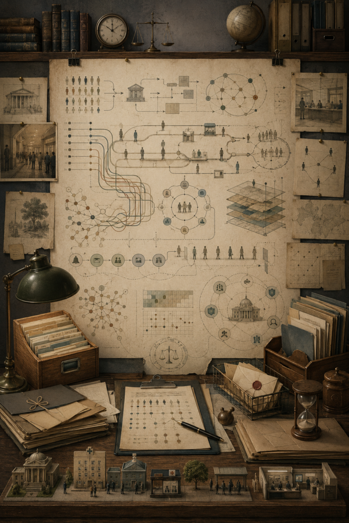 Editorial illustration of behavioral public policy as a scholarly public-systems workspace, with policy pathways, administrative burden maps, public-service flows, civic participation networks, evaluation grids, institutional folders, and oversight symbols.