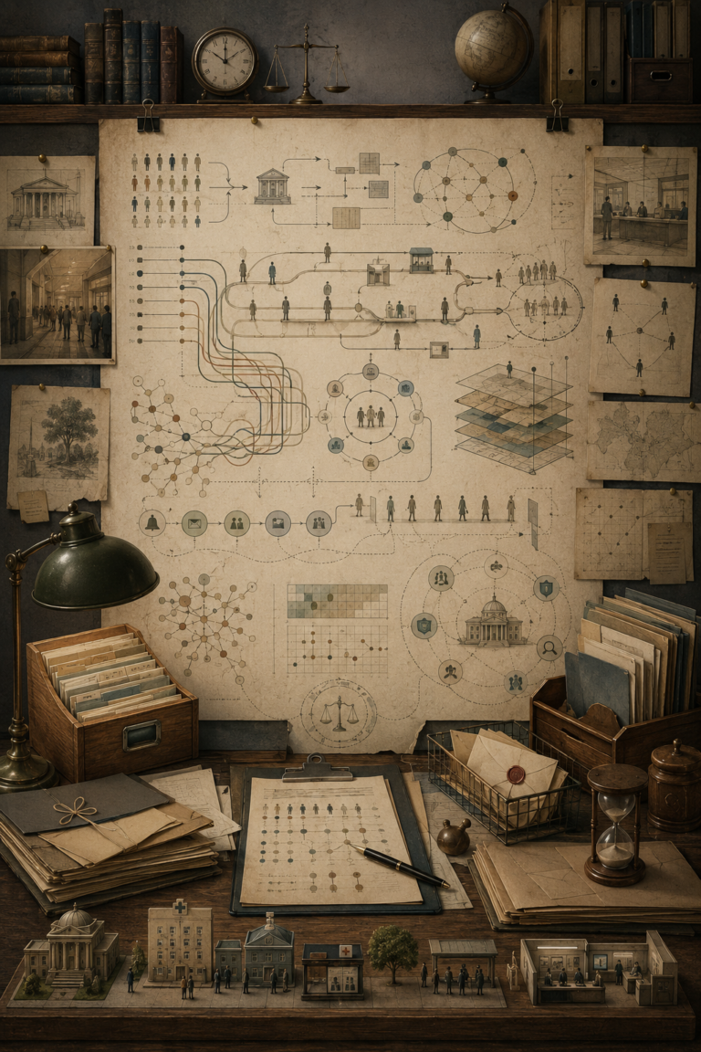 Editorial illustration of behavioral public policy as a scholarly public-systems workspace, with policy pathways, administrative burden maps, public-service flows, civic participation networks, evaluation grids, institutional folders, and oversight symbols.