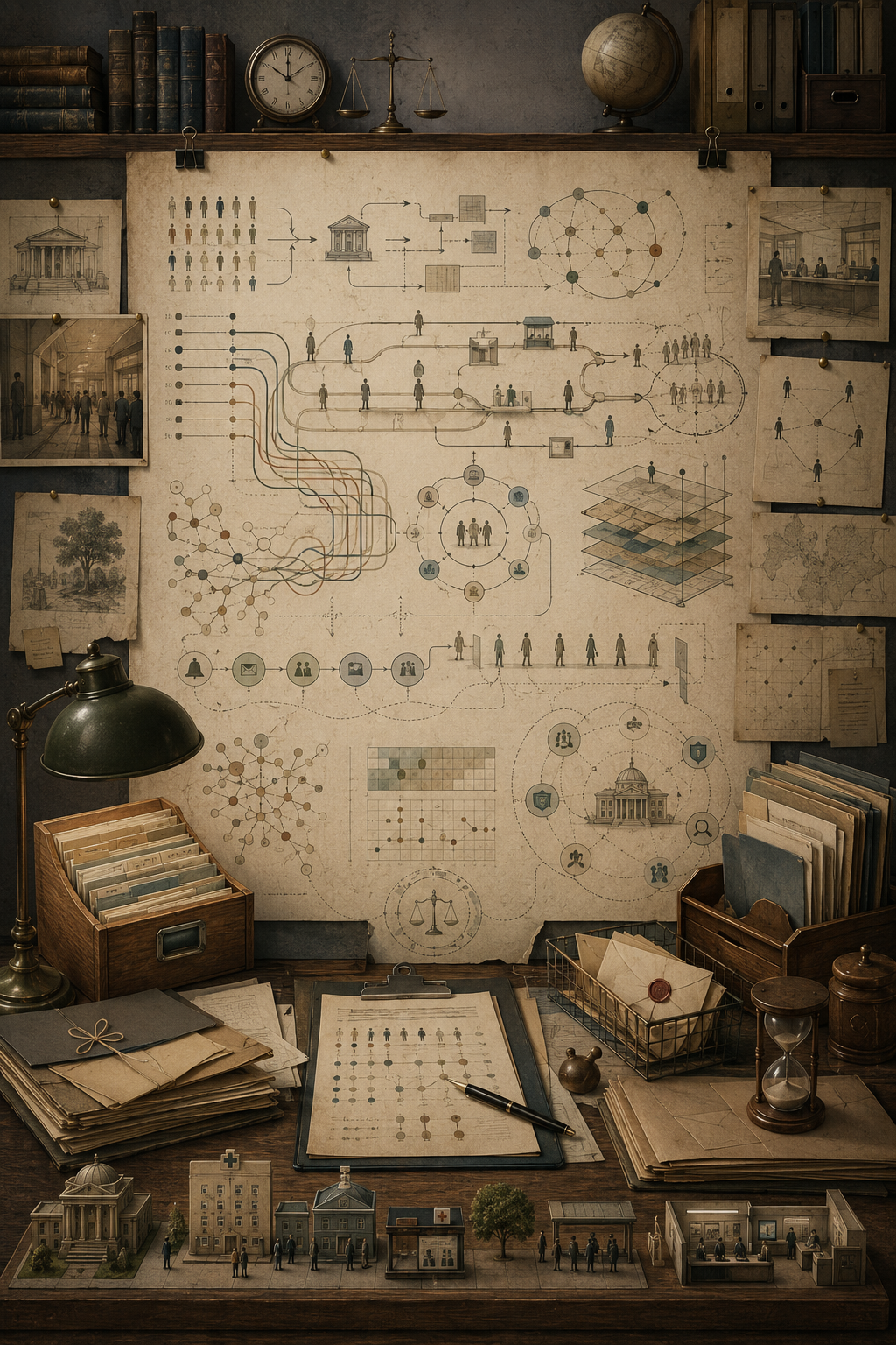 Editorial illustration of behavioral public policy as a scholarly public-systems workspace, with policy pathways, administrative burden maps, public-service flows, civic participation networks, evaluation grids, institutional folders, and oversight symbols.
