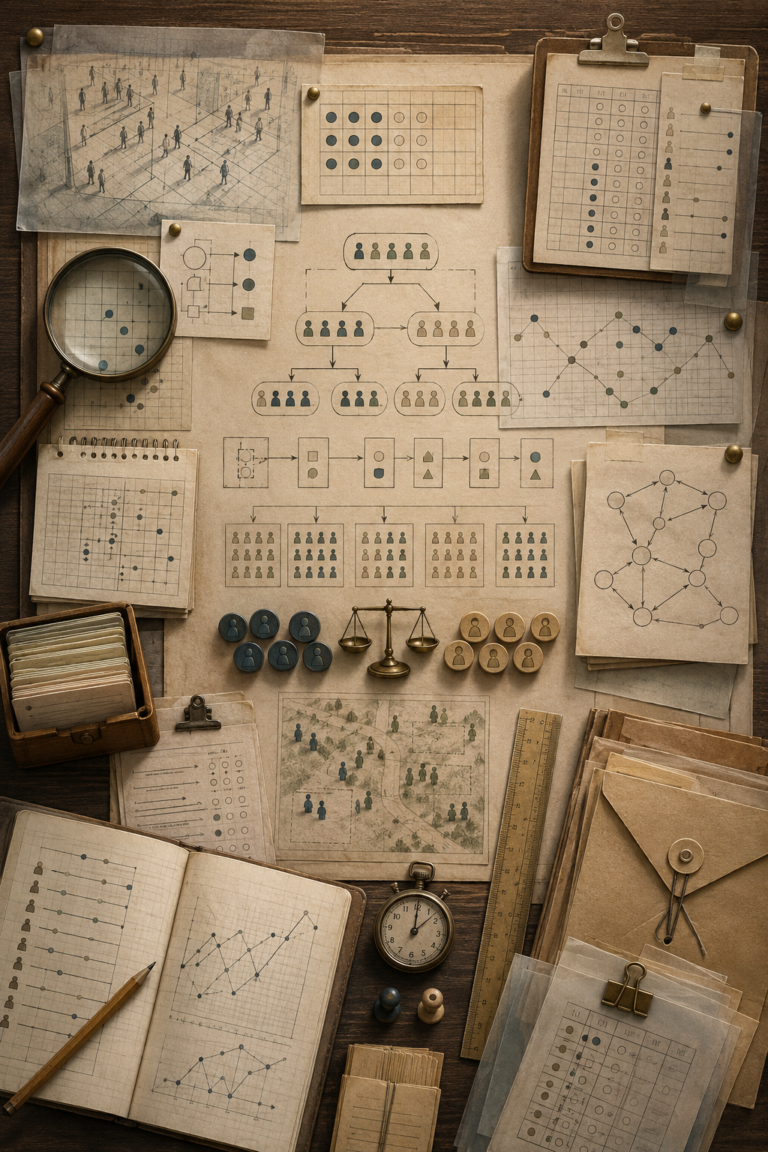 Editorial illustration of behavioral research methods as a scholarly evidence workspace, with observation records, survey grids, experimental pathways, causal diagrams, treatment and control markers, notebooks, clipboards, overlays, and measurement tools.