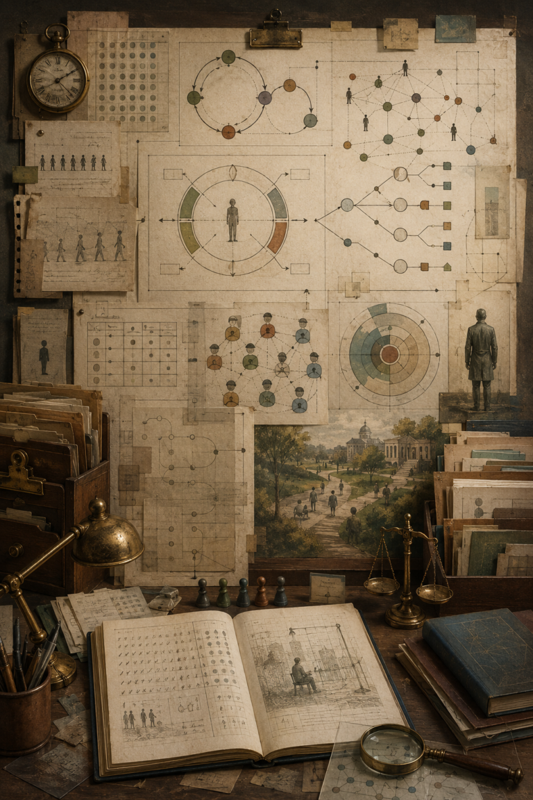 Editorial illustration of behavioral science and behavioral psychology as a research archive workspace, with layered diagrams showing habit loops, decision trees, social networks, reinforcement pathways, observational records, and institutional design materials.