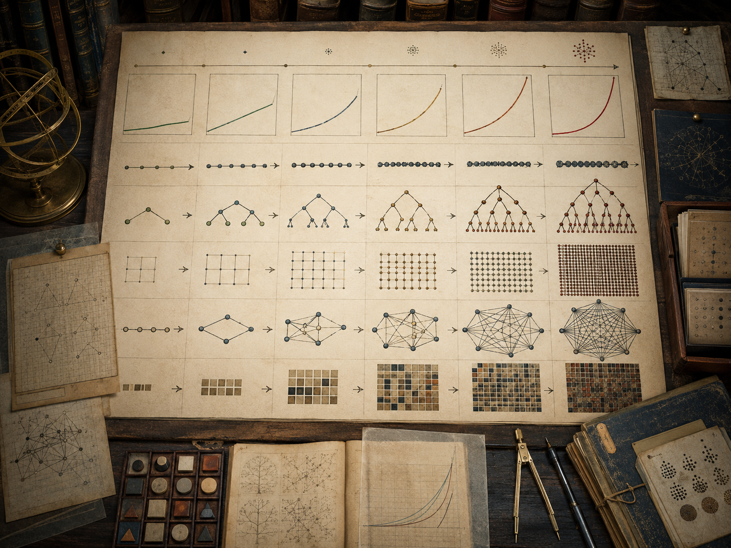A restrained scholarly illustration of an antique worktable with growth curves, expanding sequences, branching trees, dense grids, network diagrams, symbolic tiles, notebooks, and drafting tools representing Big-O notation and algorithmic growth rates.