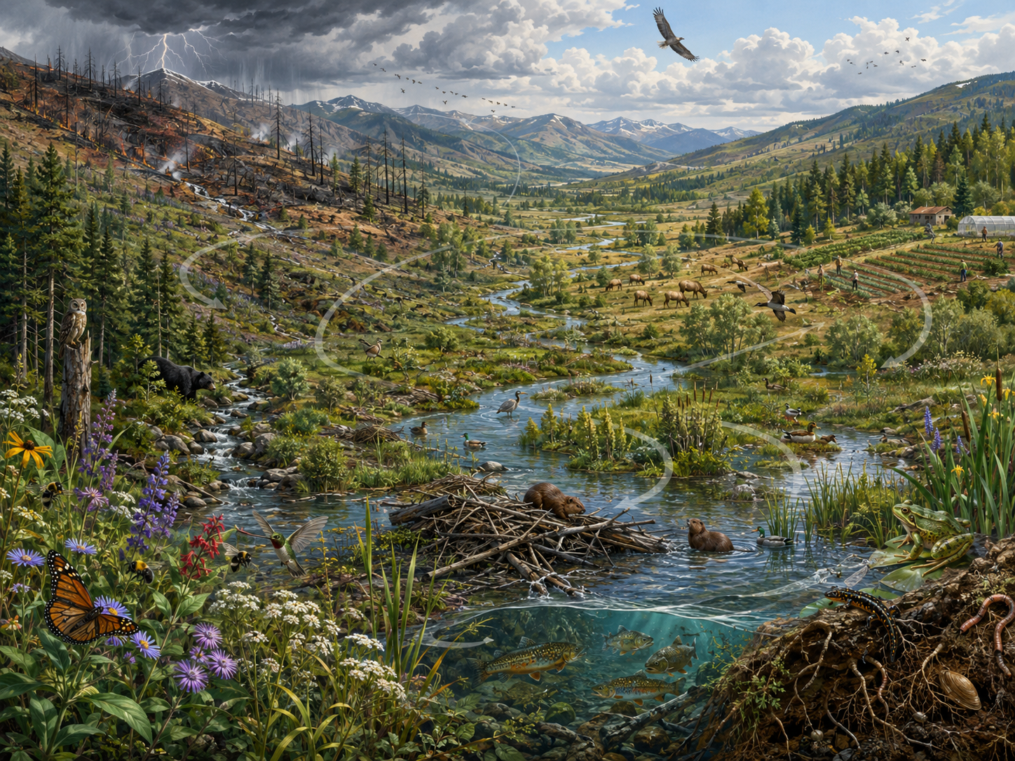 Panoramic ecological illustration of a biodiverse watershed with pollinators, birds, fish, amphibians, beavers, wetlands, forests, meadows, farms, and a recovering burned slope.