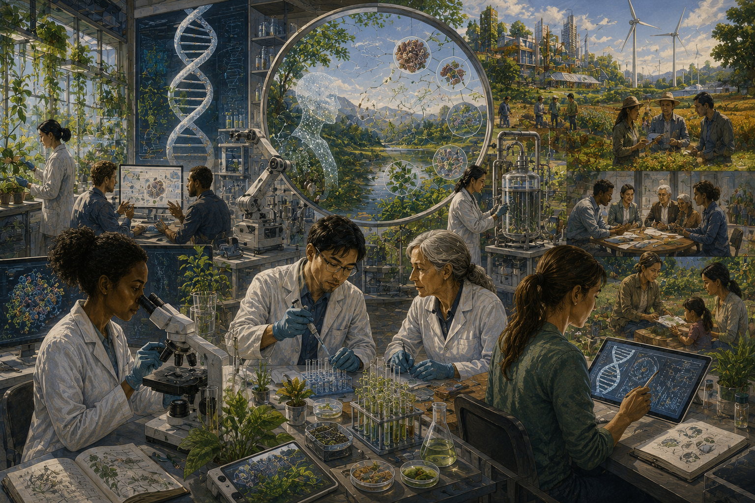Scientists study biotechnology futures through laboratory research, plant systems, ecological monitoring, agriculture, and community health planning.