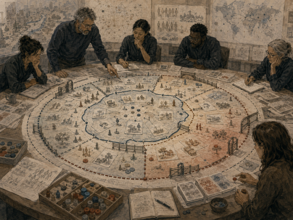 Strategists study a circular planning map with bounded zones, gates, scope markers, idea cards, and tokens that separate included, excluded, and contested possibilities.
