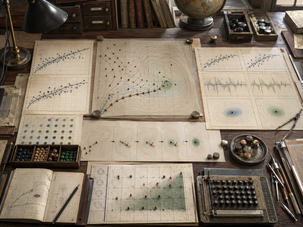 Editorial illustration of a scholarly modeling desk with observed data points, fitted curves, contour surfaces, residual plots, parameter markers, and analog calculation tools.