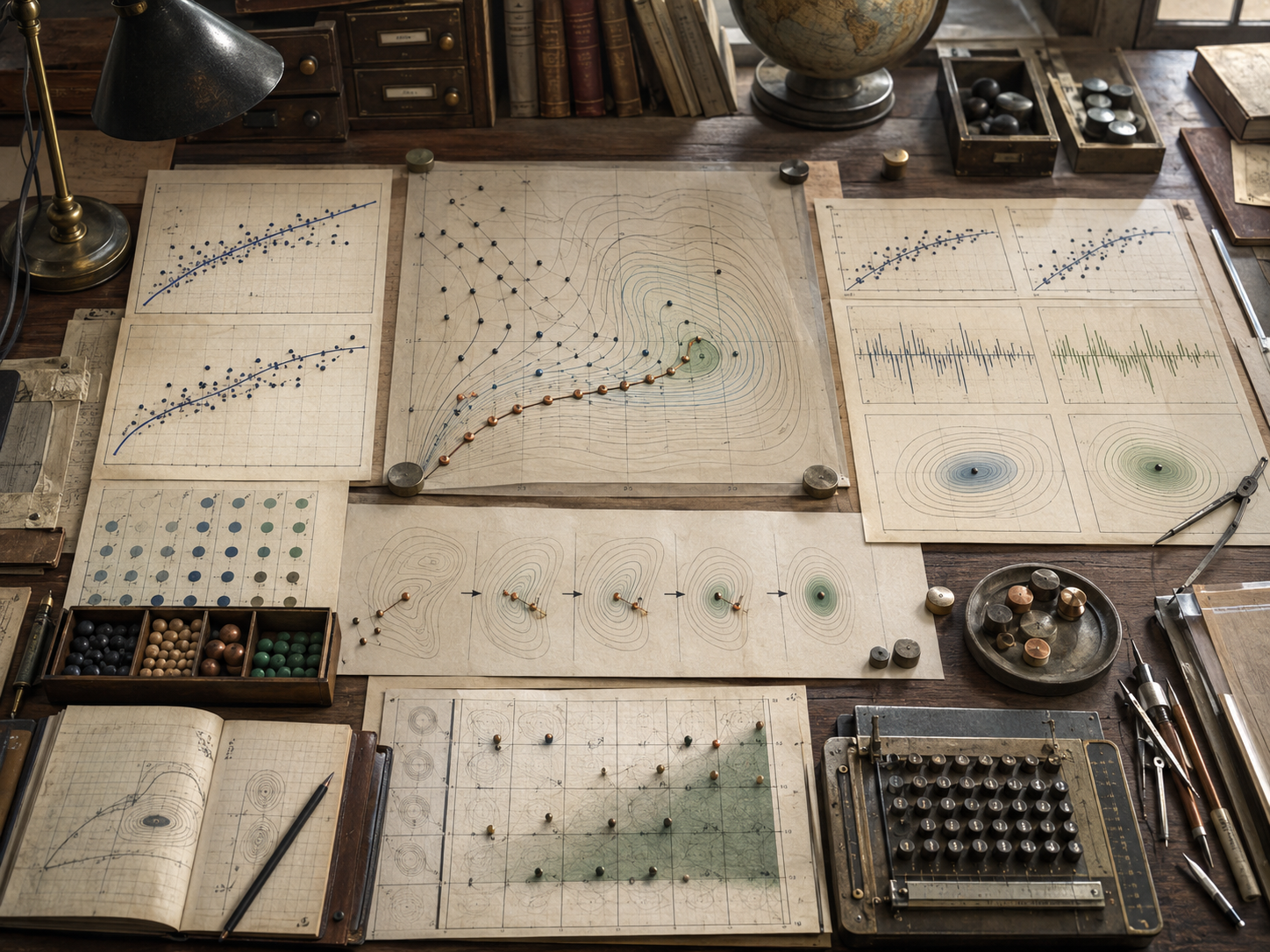 Editorial illustration of a scholarly modeling desk with observed data points, fitted curves, contour surfaces, residual plots, parameter markers, and analog calculation tools.
