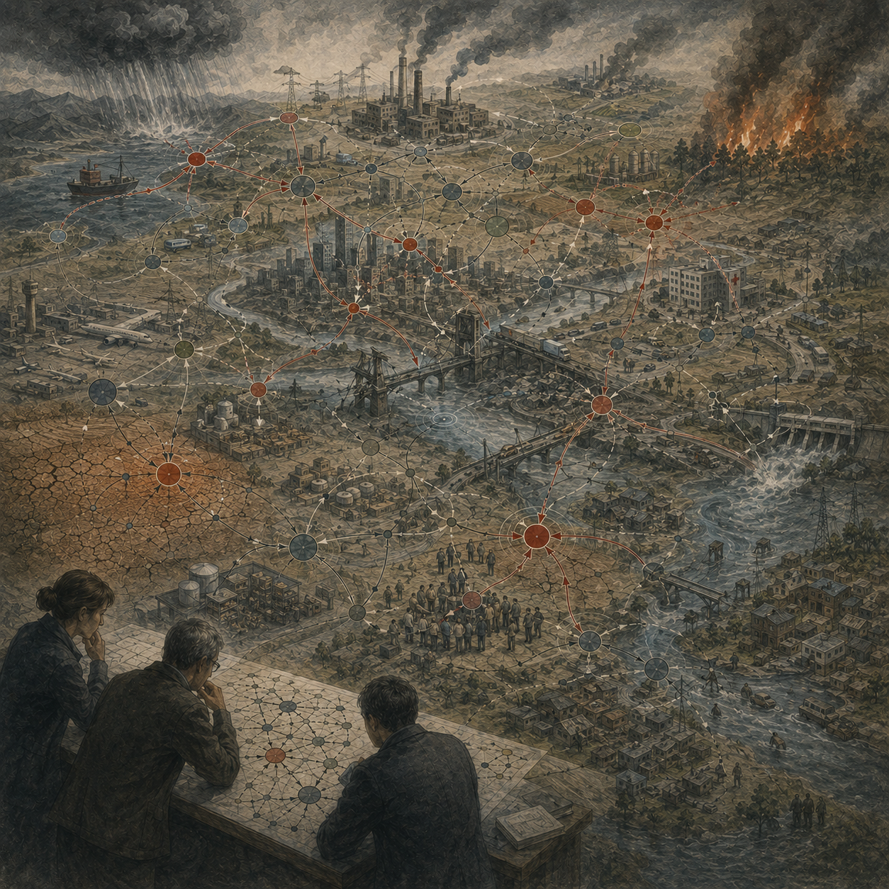 Painterly editorial illustration of cascading risk and systemic decision failure with analysts studying interconnected infrastructure, climate shocks, institutional stress, social disruption, and spreading failure pathways.