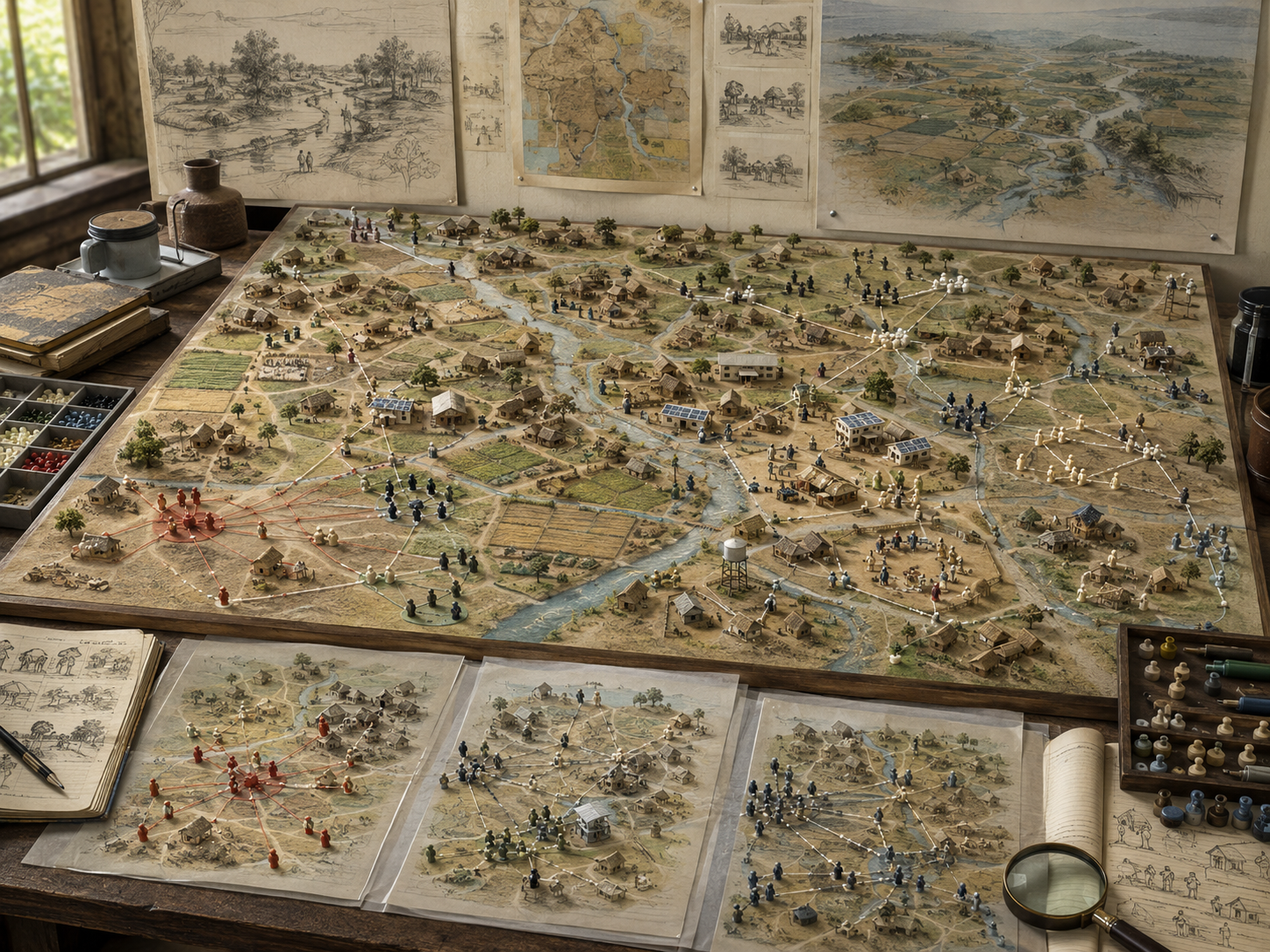 Rural landscape model with villages, farms, waterways, small agents, clustered groups, interaction networks, diffusion pathways, and comparative scenario panels.