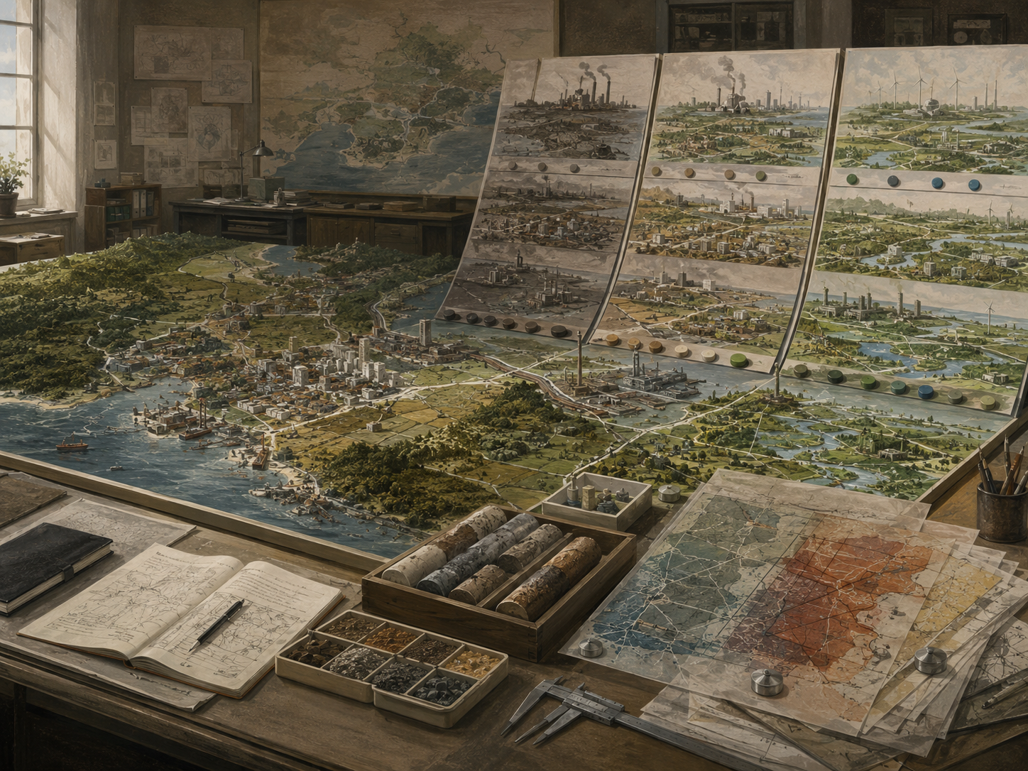 Sustainability modeling studio with a regional landscape model, scenario panels showing industrial and renewable pathways, land-use maps, soil cores, resource samples, notebooks, and planning tools.