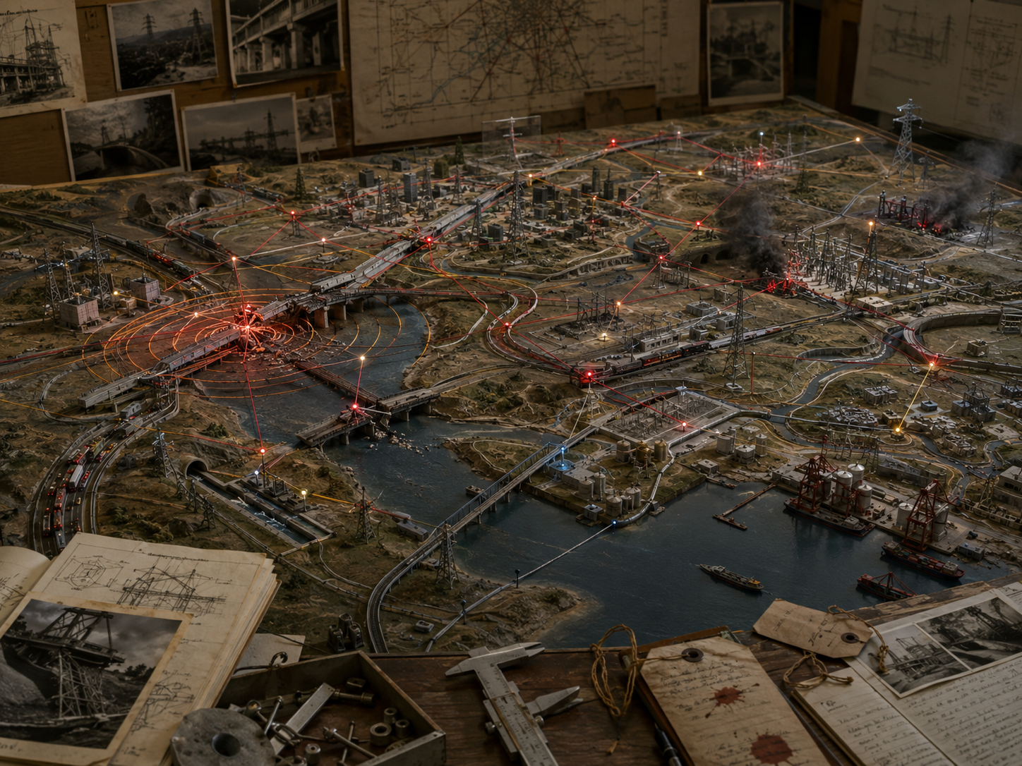 Infrastructure network model showing bridges, rail lines, power grids, substations, ports, roads, damaged corridors, disrupted nodes, and shock waves spreading through connected systems.