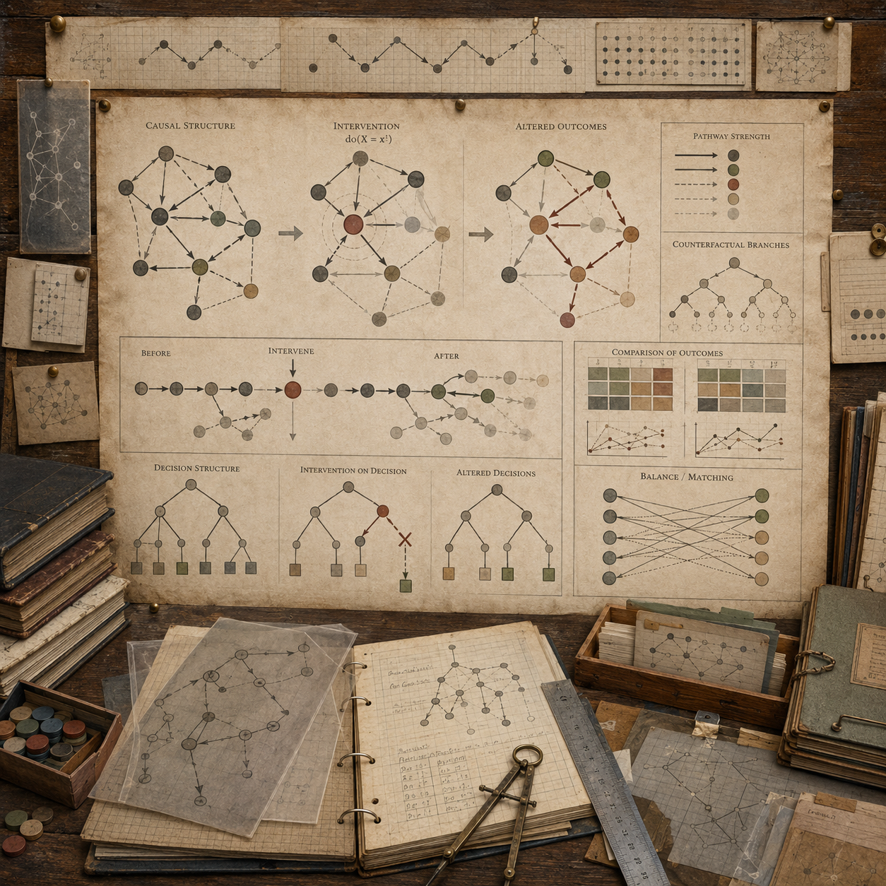 A restrained scholarly illustration of a vintage research workspace with causal diagrams, intervention points, altered outcomes, counterfactual branches, comparison grids, notebooks, archival papers, rulers, and symbolic tokens representing causal algorithms and intervention modeling.