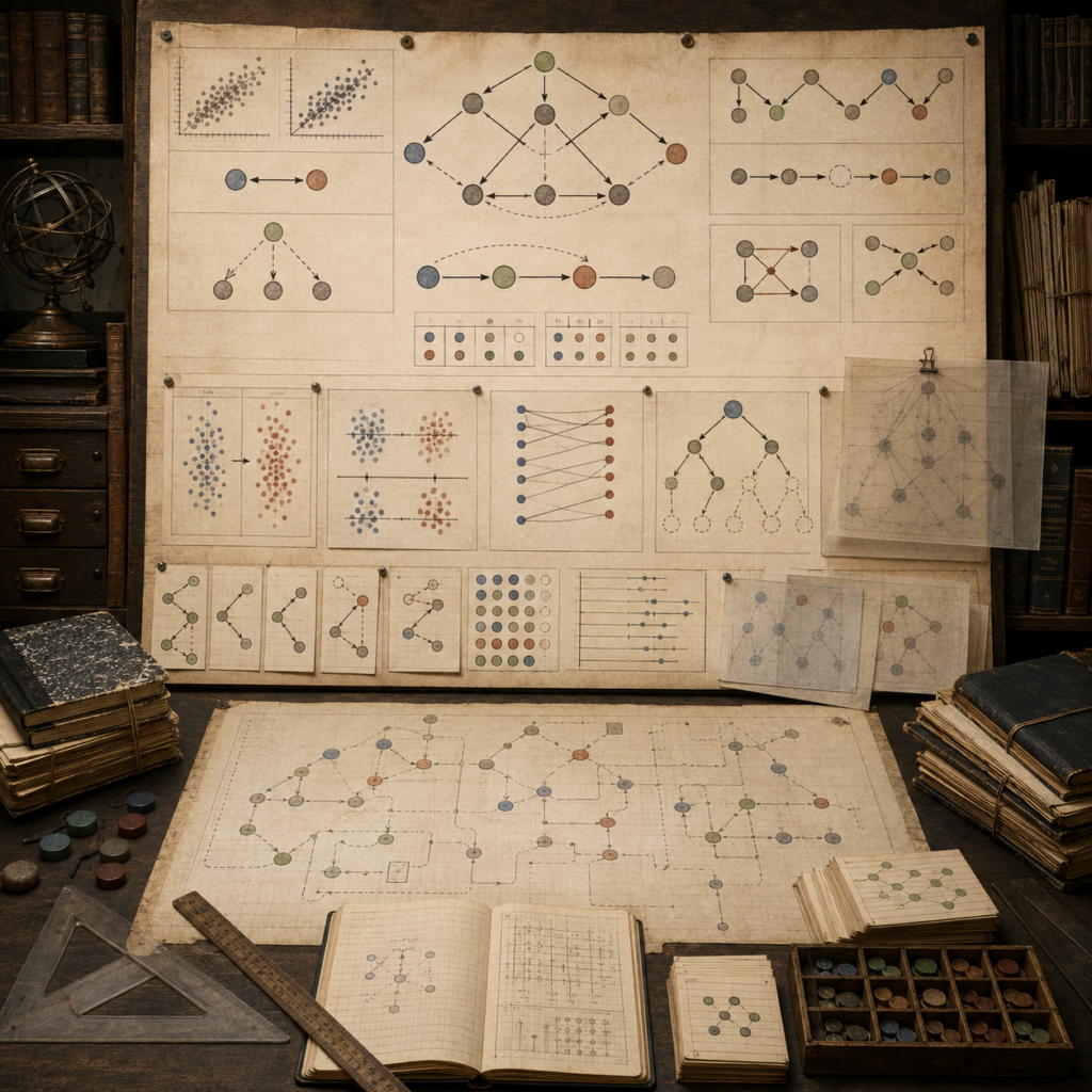 A restrained scholarly illustration of a vintage research workspace with causal diagrams, directed networks, confounding structures, comparison plots, intervention paths, notebooks, archival papers, rulers, and symbolic tokens representing causal inference and computational reasoning.